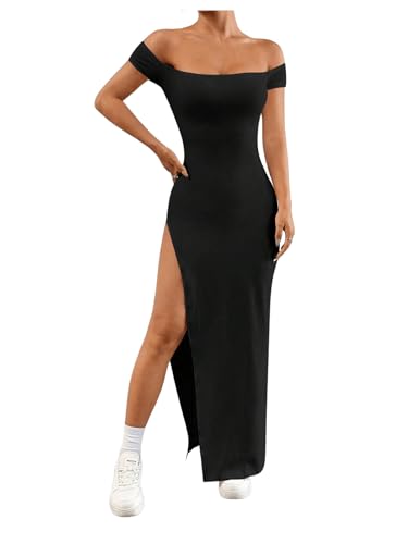 GORGLITTER Damen Kleid Elegant Schulterfreies Kleid mit Schlitz Langes Bleistiftkleid Bodycon Freizeitkleid Partykleider Schwarz XS von GORGLITTER