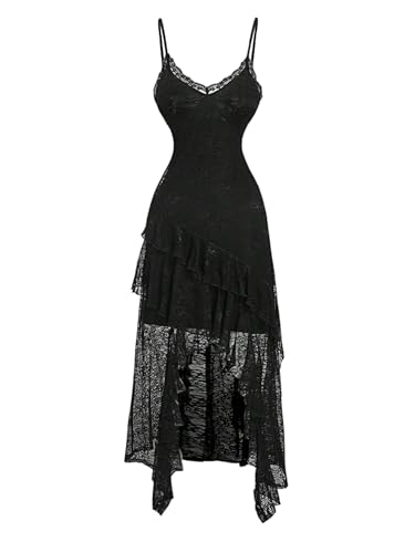 GORGLITTER Damen Kleid Elegant Spitzen Trägerkleid Cami Midikleid Ärmellos V Ausschnitt Midi Spitzenkleid Partykleid Festival Outfit Schwarz L von GORGLITTER