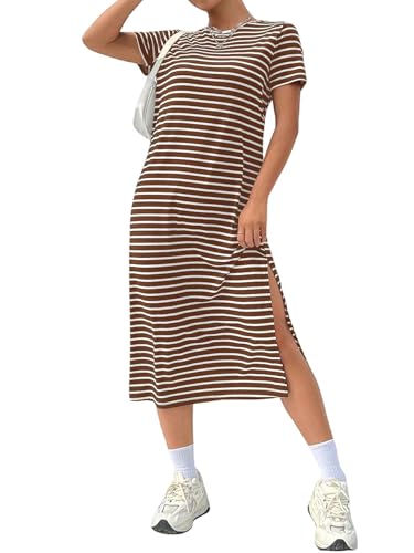 GORGLITTER Damen Kleid Gestreiftes Midikleid mit Schlitz Lange Sommerkleider Kurzarm Kleider Rundkragen T-Shirtkleid Freizeitkleid Casualkleid Kaffeebraun M von GORGLITTER
