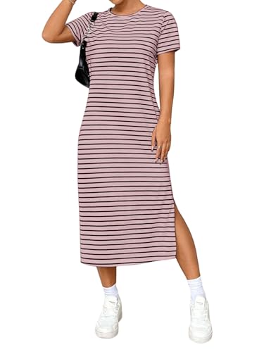 GORGLITTER Damen Kleid Gestreiftes Midikleid mit Schlitz Lange Sommerkleider Kurzarm Kleider Rundkragen T-Shirtkleid Freizeitkleid Casualkleid Rosa L von GORGLITTER