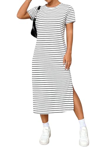 GORGLITTER Damen Kleid Gestreiftes Midikleid mit Schlitz Lange Sommerkleider Kurzarm Kleider Rundkragen T-Shirtkleid Freizeitkleid Casualkleid Weiß S von GORGLITTER