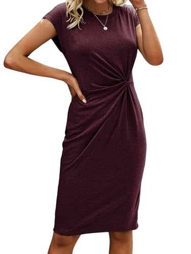 GORGLITTER Damen Kleid Knielang Sommerkleid Kurzarm Kleider mit Zwirn Rundkragen T Shirt-Kleid Elegant Damenkleider Bürokleid Freizeitkleid Shirtkleid Bordeaux XL von GORGLITTER