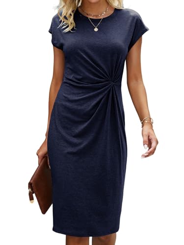 GORGLITTER Damen Kleid Knielang Sommerkleid Kurzarm Kleider mit Zwirn Rundkragen T Shirt-Kleid Elegant Damenkleider Bürokleid Freizeitkleid Shirtkleid Dunkelblau M von GORGLITTER