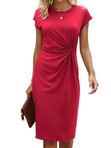 GORGLITTER Damen Kleid Knielang Sommerkleid Kurzarm Kleider mit Zwirn Rundkragen T Shirt-Kleid Elegant Damenkleider Bürokleid Freizeitkleid Shirtkleid Rot L von GORGLITTER