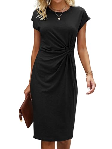GORGLITTER Damen Kleid Knielang Sommerkleid Kurzarm Kleider mit Zwirn Rundkragen T Shirt-Kleid Elegant Damenkleider Bürokleid Freizeitkleid Shirtkleid Schwarz XL von GORGLITTER