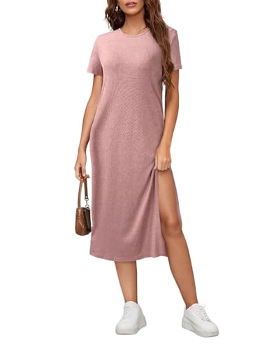 GORGLITTER Damen Kleid Kurzarm Sommerkleid T-Shirt Kleider Knielang Freizeitkleid mit Schlitz Sommer Midikleid Casualkleid Partykleid Rosa XL von GORGLITTER