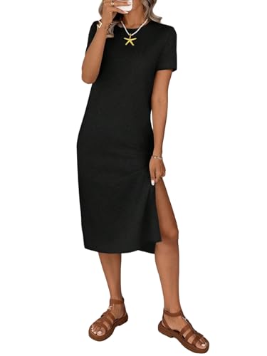 GORGLITTER Damen Kleid Kurzarm Sommerkleid T-Shirt Kleider Knielang Freizeitkleid mit Schlitz Sommer Midikleid Casualkleid Partykleid Schwarz M von GORGLITTER
