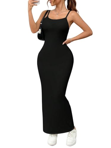 GORGLITTER Damen Kleid Lange Damenkleider Spaghettiträger Kleider Figurbetontes Sommerkleid Ärmelloses Midikleid Sommer Elegant Trägerkleid Schwarz L von GORGLITTER