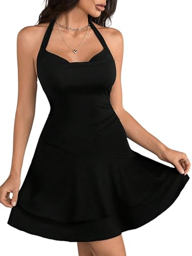 GORGLITTER Damen Kleid Neckholder Kleider Rückenfreies Sommerkleid A Linie Minikleid Mehrlagig Damenkleider Ärmelloses Trägerkleid Kurzes Partykleid Schwarz XS von GORGLITTER