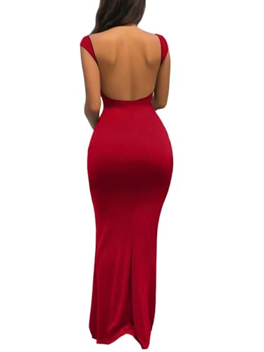 GORGLITTER Damen Kleid Rückenfreie Maxikleider Kurzarm Lange Kleider mit Schlitz Figurbetont Sommerkleid Maxi Partykleid Freizeitkleid Rot L von GORGLITTER