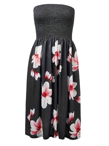GORGLITTER Damen Kleid Schulterfreies Kleider Knielang Sommerkleid Blumenmuster Strandkleid Sommer Trägerloses Midikleid Bandeau Boho Blumenkleid Schwarz M von GORGLITTER