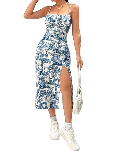 GORGLITTER Damen Kleid Spaghettiträger Midikleid mit Schlitz Böhmisch Sommerkleid Rüschenbüste Cami Kleider Ärmelloses Trägerkleid Bedrucktes Strandkleider Blau und Weiß XS von GORGLITTER
