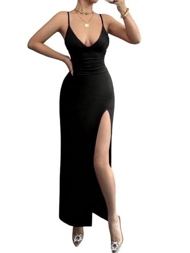 GORGLITTER Damen Kleid Spaghettiträger Sommerkleider mit Schlitz Ärmellose Kleider Rückenfreies Maxikleid Langes Freizeitkleid Elegant Cami-Kleid Schwarz L von GORGLITTER
