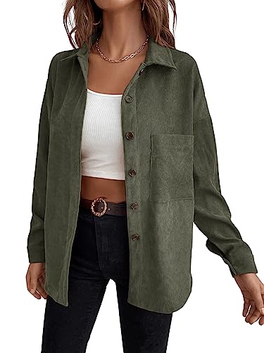 GORGLITTER Damen Kord Blusen Dünne Jacke Button-down Langarm Blusenshirt Hemdbluse Lässig Cardigan mit Taschen Armeegrün L von GORGLITTER