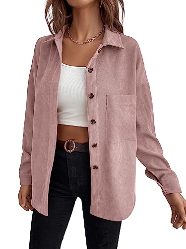 GORGLITTER Damen Kord Blusen Dünne Jacke Button-down Langarm Blusenshirt Hemdbluse Lässig Cardigan mit Taschen Grau-Rosa S von GORGLITTER