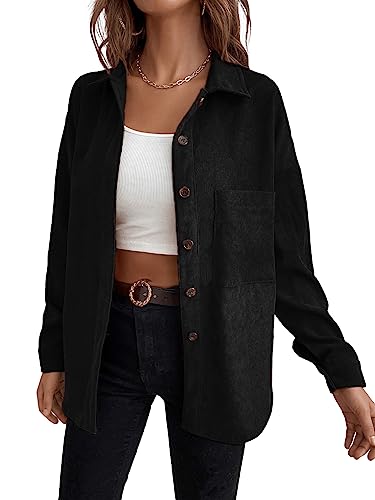 GORGLITTER Damen Kord Blusen Dünne Jacke Button-down Langarm Blusenshirt Hemdbluse Lässig Cardigan mit Taschen Schwarz M von GORGLITTER