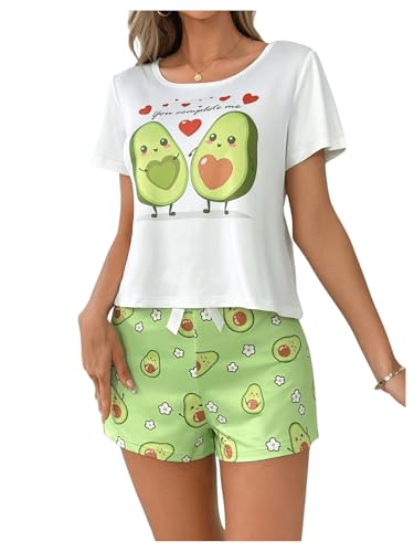 GORGLITTER Damen Kurz Pajama Sets Vielfarbig Lässig Kurzarm Shirts Hosensets Schlafanzüge Home-Sets mit Avocado Muster Grün M von GORGLITTER