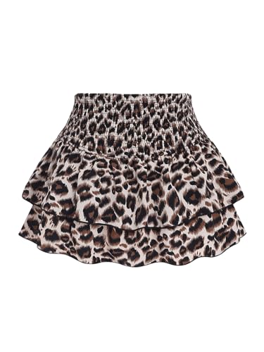GORGLITTER Damen Kurz Rock Leoparden Rock Mehrschichtiger Rock mit Rüschen Partyrock Hohe Taille Freizeitrock Casual Röcke Braun L von GORGLITTER