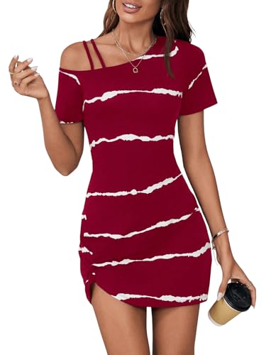 GORGLITTER Damen Kurzarm Kleid Asymmetrischer Ausschnitt Kleider Gestreifte Kleidung Farbblock Sommerkleid Casual Kleid Schulterfrei Freizeitkleid Bordeaux XS von GORGLITTER