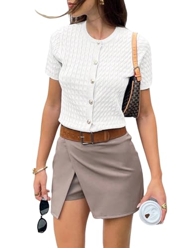 GORGLITTER Damen Kurzarm Strickjacke Elegant Casual Rundhals Cardigan Slim Fit Open Front Bolero mit Knöpfen Kurz Büro Jacke Business Outfit Weiß M von GORGLITTER