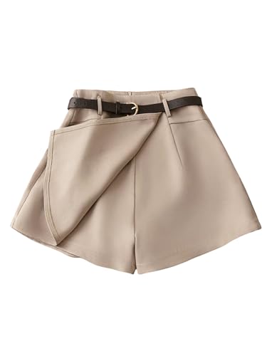 GORGLITTER Damen Kurze Hose Elegant Hosenrock Wickel Sommershorts Freizeitshort mit Gürtel Casualshorts mit Reißverschluss Hotpants Khaki M von GORGLITTER