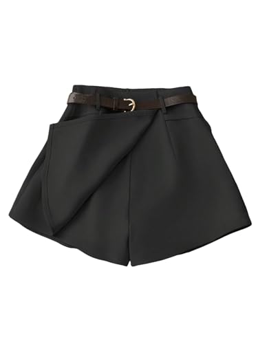 GORGLITTER Damen Kurze Hose Elegant Hosenrock Wickel Sommershorts Freizeitshort mit Gürtel Casualshorts mit Reißverschluss Hotpants Schwarz L von GORGLITTER
