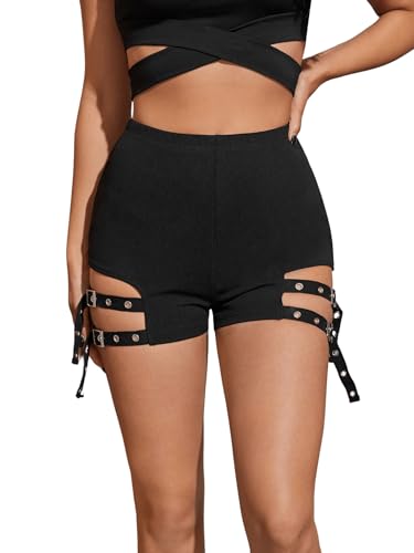 GORGLITTER Damen Kurze Hose Schwarzes Short High Waist Hotpants Rave Booty Shorts Party Outfit Clubwear Freizeitshort Schwarz XL von GORGLITTER