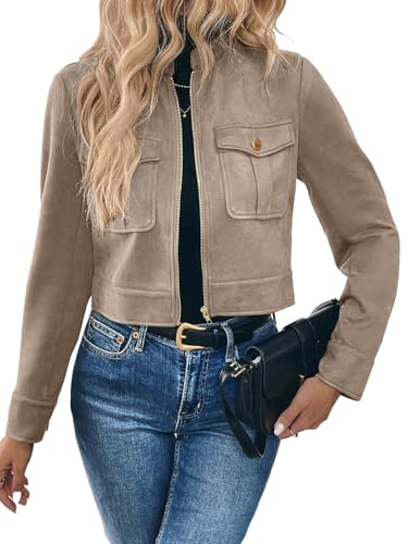 GORGLITTER Damen Kurze Jacken Crop Bomberjacke mit Reißverschluss Casual Jacke Leichte Freizeitjacke mit Taschen Übergangsjacke Herbstjacke Aprikosenfarben L von GORGLITTER