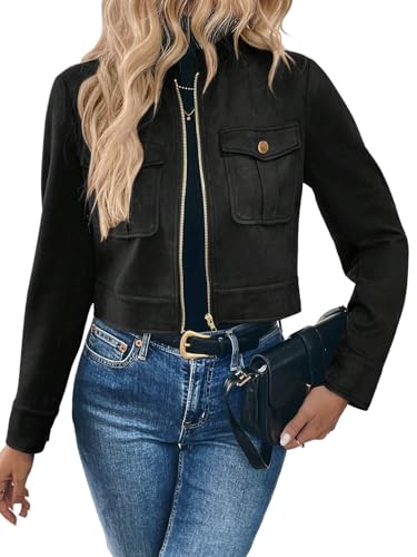 GORGLITTER Damen Kurze Jacken Crop Bomberjacke mit Reißverschluss Casual Jacke Leichte Freizeitjacke mit Taschen Übergangsjacke Herbstjacke Schwarz S von GORGLITTER