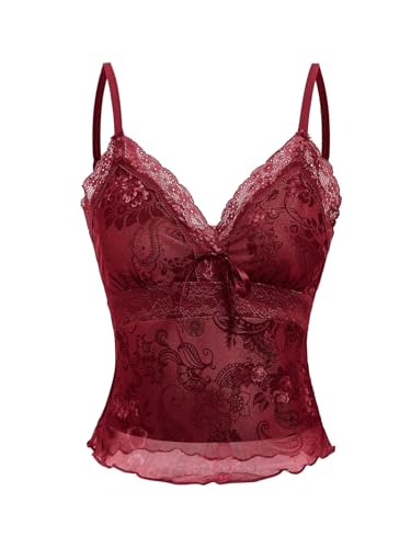 GORGLITTER Damen Lace Top Spaghettiträger Spitzentop Camisole Tops Ärmellose Oberteile Bauchfreie Sommertop Crop-Top mit Spitze Durchsichtig Trägertop Bordeaux S von GORGLITTER