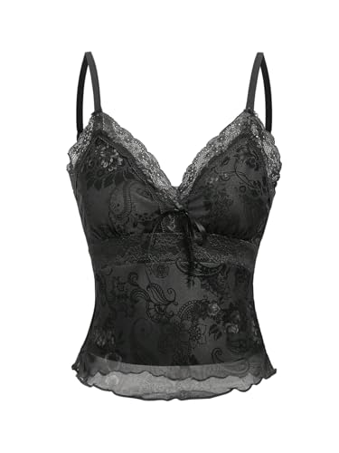 GORGLITTER Damen Lace Top Spaghettiträger Spitzentop Camisole Tops Ärmellose Oberteile Bauchfreie Sommertop Crop-Top mit Spitze Durchsichtig Trägertop Schwarz S von GORGLITTER
