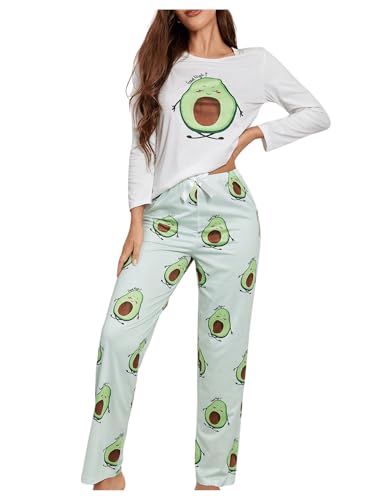 GORGLITTER Damen Lang Schlafanzug Sets Langarm Tshirt und Lange Hose Pyjama Set Süße Schlafanzüge Schlafi mit Avocado-Muster Weiß L von GORGLITTER