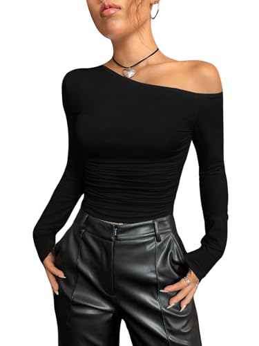 GORGLITTER Damen Langärmelig T-Shirt Cropped Langarmshirt Schmal Oberteil Party Herbst Casualshirt mit Asymmetrischer Ausschnitt Schwarz XS von GORGLITTER