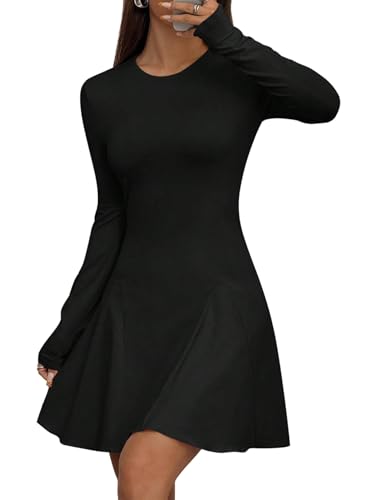 GORGLITTER Damen Langarm Kleid Elegant A-Linie Minikleid Freizeitkleid Shortkleid Casual Skaterkleid Kurz Cocktailkleid Langarmkleid Schwarz L von GORGLITTER