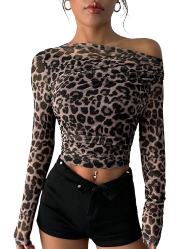 GORGLITTER Damen Langarm Oberteil Elegant Langarmshirt mit Leopardenmuster Bauchfreies Mesh T-Shirt Herbst Schulterfreie Bluse Mokka Braun M von GORGLITTER