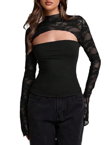 GORGLITTER Damen Langarm Oberteil Elegantes Top Durchsichtige Spitzen Oberteile Crop Top Langarmshirt mit Spitze Stehkragen Shirt Partyshirt Durchsichtige Spitzentop Schwarz S von GORGLITTER