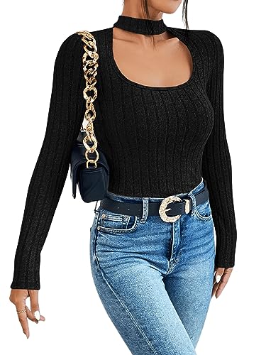 GORGLITTER Damen Langarm Shirt Cut Outs Tops Rippenstrick Oberteil Slim Herbstshirt mit Choker Kragen Schwarz M von GORGLITTER