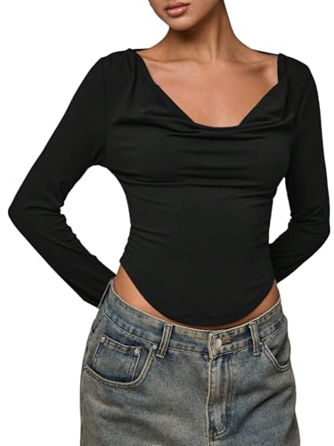 GORGLITTER Damen Langarm Shirt Elegant Rückenfrei Casual T-Shirt Langarm Slim Fit Oberteile Rückenfrei Oberteil Freizeitshirt Schwarz M von GORGLITTER