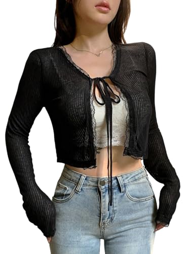 GORGLITTER Damen Langarm Strickjacke Leicht Y2K Cardigan mit Schnürung vorne Durchsichtige Bolero Dünne Damenstrickjacke Kurz Jäckchen Schwarz M von GORGLITTER