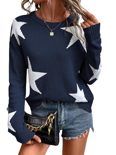 GORGLITTER Damen Langarm Strickpullover Elegant Pullover Rundhals Pulli mit Sternenmuster Locker Sweater Langarmshirt Lässig Damenpullover Dunkelblau XL GORGLITTER Damen Langarm Strickpullover Elegant Pullover Rundhals Pulli mit Sternenmuster Locker Sweater Langarmshirt Lässig Damenpullover Dunkelblau XL von GORGLITTER
