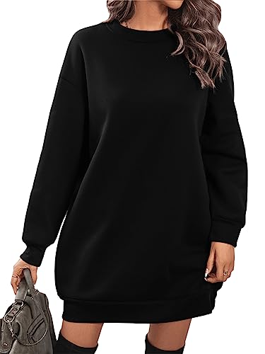 GORGLITTER Damen Langarm Sweatshirtkleid Übergröße Freizeitkleid Herbst Kurz Kleid Sweatshirt Drop Shoulder Pulloverkleid Schwarz L von GORGLITTER