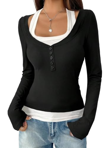 GORGLITTER Damen Langarm T-Shirt 2 in 1 Langarmshirt mit U-Ausschnitt Basic Oberteil Slim Fit Stretch Tops Herbstshirt Freizeitshirt Schwarz L von GORGLITTER