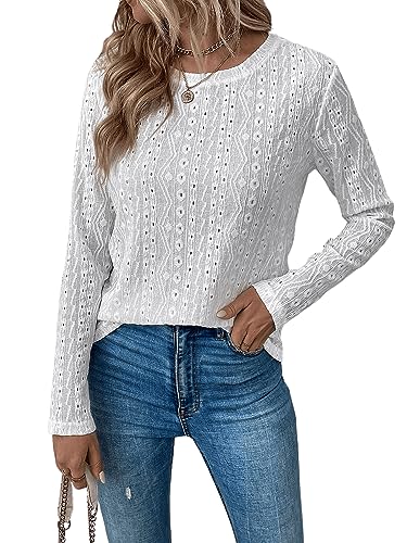 GORGLITTER Damen Langarm T-Shirt Elegant Oberteil mit Öse Stickerei Herbst Langarmshirt Leicht Pullover Weiß L von GORGLITTER