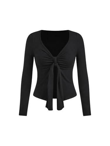 GORGLITTER Damen Langarm T-Shirt Frühling Einfarbig Tops Bindedetail Oberteil V-Ausschnitt Langarmshirt Ziehbändchen Lässig Herbst Shirts Casual Herbstshirt Schwarz L von GORGLITTER