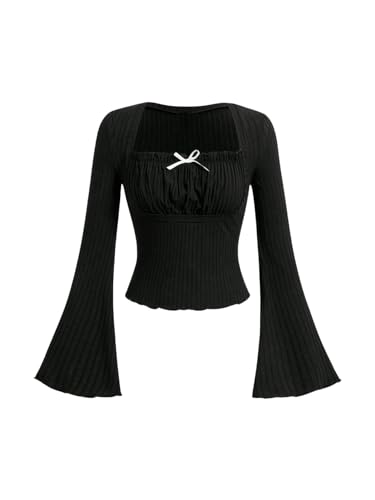 GORGLITTER Damen Langarm T-Shirt Rüschenbüste Oberteil Rippenstrick Langarmshirt Stretch Tops mit Glockenärmel Schwarz M von GORGLITTER