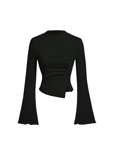 GORGLITTER Damen Langarm T-Shirts Oberteil Stehkragen Tops Asymmetrisch Langarmshirt mit Glockenärmel Schwarz L von GORGLITTER