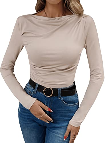 GORGLITTER Damen Langarm T-Shirts U-Boot Ausschnitt Lässig Oberteil Langarmshirt Casual Tops Aprikosenfarben M von GORGLITTER