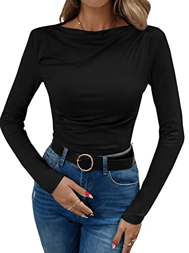 GORGLITTER Damen Langarm T-Shirts U-Boot Ausschnitt Lässig Oberteil Langarmshirt Casual Tops Schwarz L von GORGLITTER