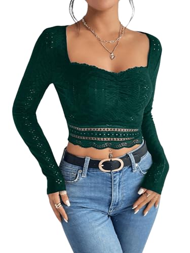 GORGLITTER Damen Langarm Tops Bauchfreies T-Shirt Cropped Langarmshirt Herbstshirt Schmal Oberteil mit Herzausschnitt Dunkelgrün M von GORGLITTER