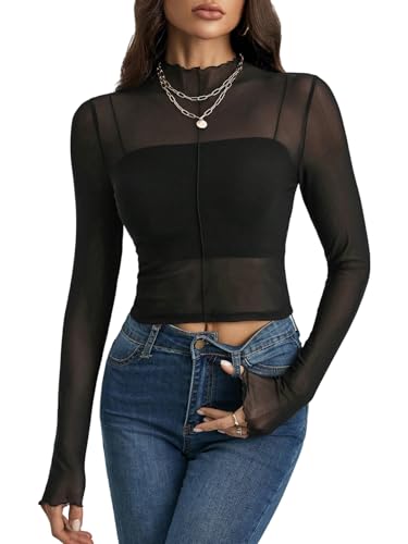 GORGLITTER Damen Langarm Tops Stehkragen Oberteil Mesh Oberteile Transparentes Netzoberteil Durchsichtig Langarmshirt Crop Top Party Top Schwarz M von GORGLITTER